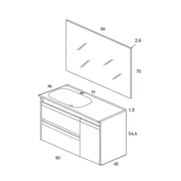 Tocador de 2 Cajones Y 1 Puerta Sin Patas Con Espejo Y Lavabo Esbaño 90 Style 91354 Gris